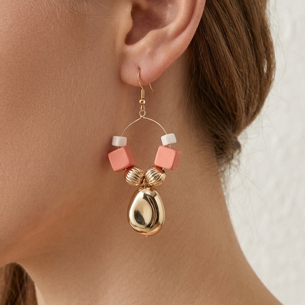 Coral & Gold Geometric Dangle Earrings | Boho Mixed Media Hoops